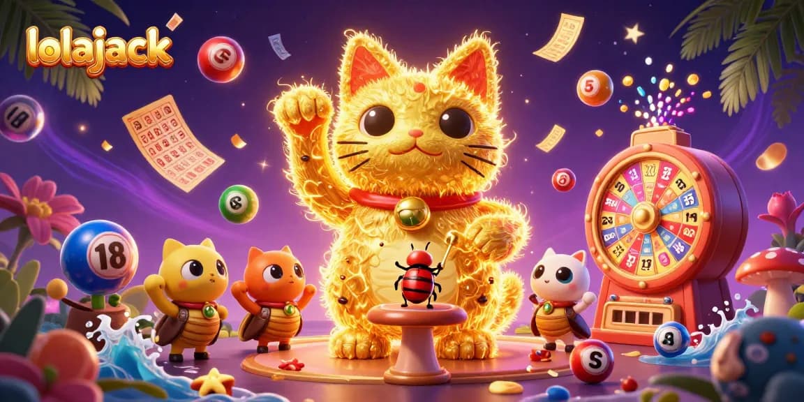 Experience the excitement of lolajack as a lucky cat waves among vibrant casino symbols and lottery elements.