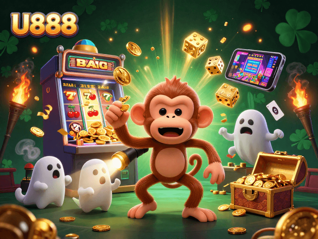 U888 showcases a lively scene with a mischievous monkey and a curious puppy in a bustling casino environment.