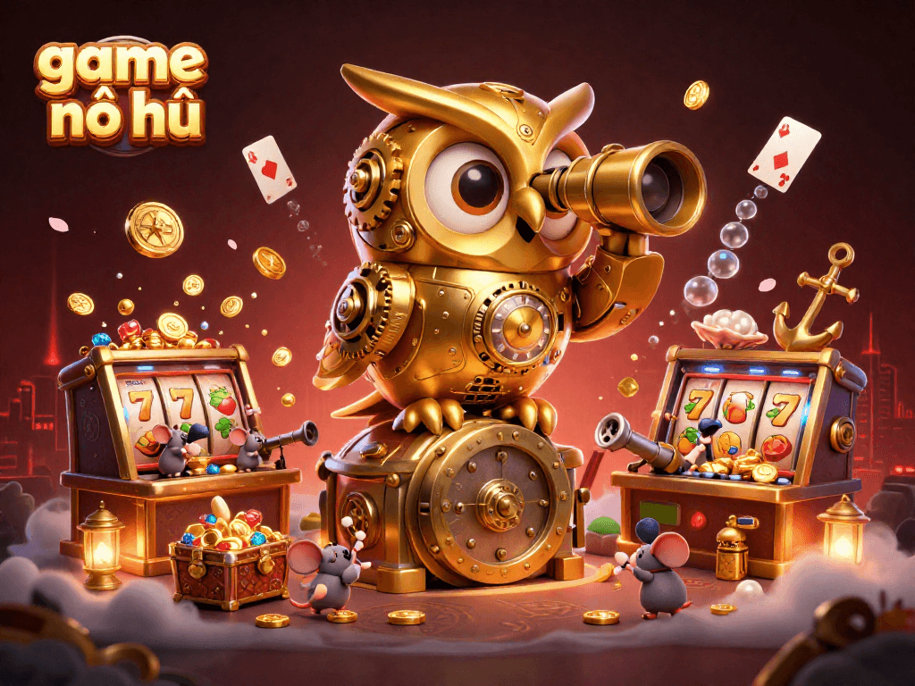 Experience the thrill of game nổ hũ with dynamic cartoon characters in a vibrant casino scene.