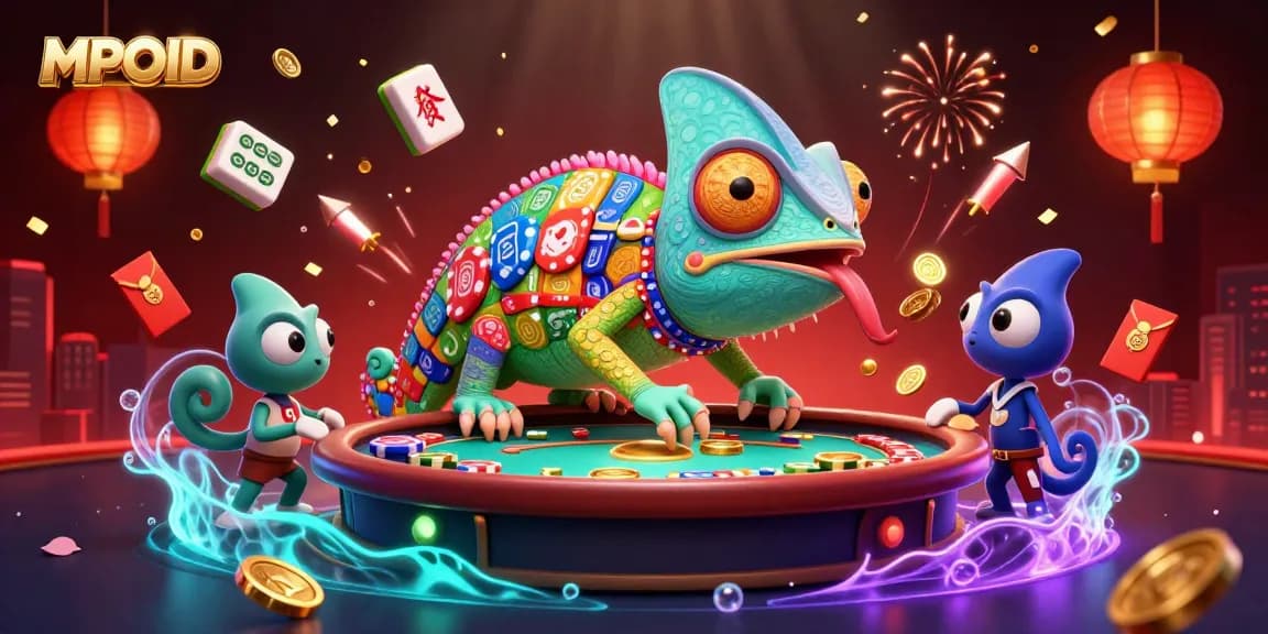 MPOID features a vibrant illustration of a chameleon casino owner amidst rich gambling elements, promoting exciting gaming experiences.