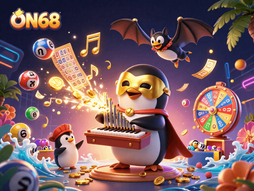Experience thrilling gameplay at ON68 with vibrant colored balls, golden prizes, and dazzling casino elements.