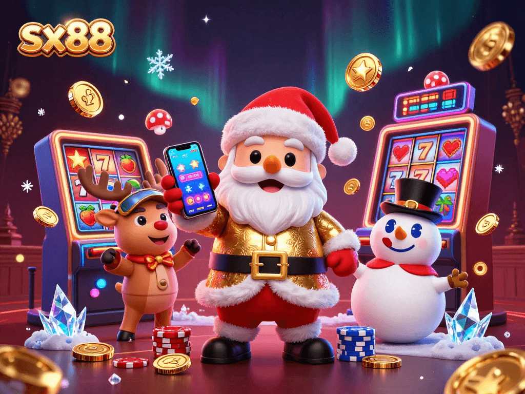 Experience jackpot excitement with sx88 at Santa's casino, featuring vibrant slot reels and festive companions.