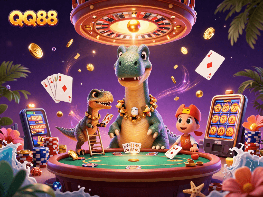 Experience the excitement of QQ88 with a playful dinosaur character at a vibrant casino.