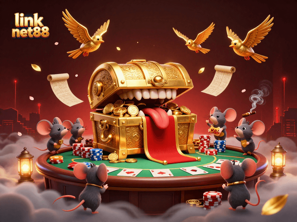 Experience the thrill of winning at link net88 with this packed casino scene featuring poker and treasure.