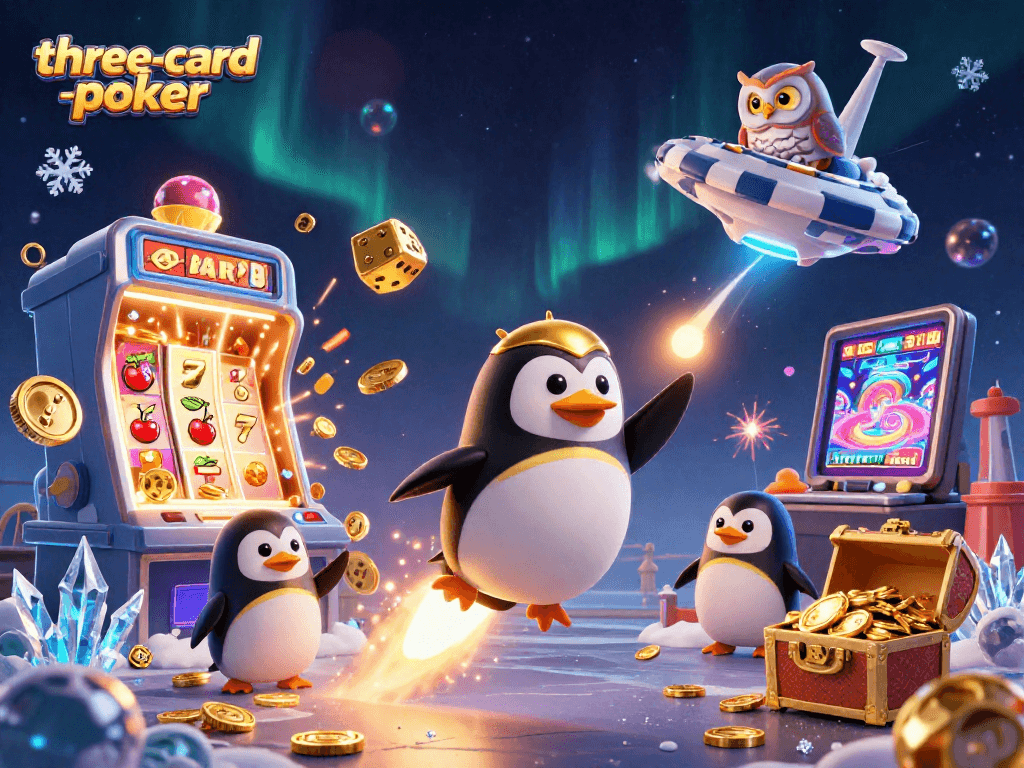 Play three-card-poker strategy with engaging visuals of a vibrant casino space theme.