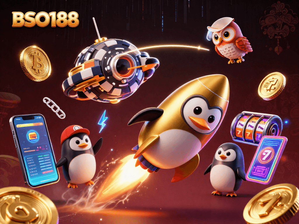 Engage in thrilling action with BSO188 as the golden penguin blasts toward a dynamic casino in space.