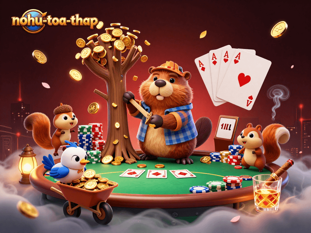Experience thrilling gameplay in nohu-toa-thap with cartoon characters winning gold coins in a vibrant casino scene.