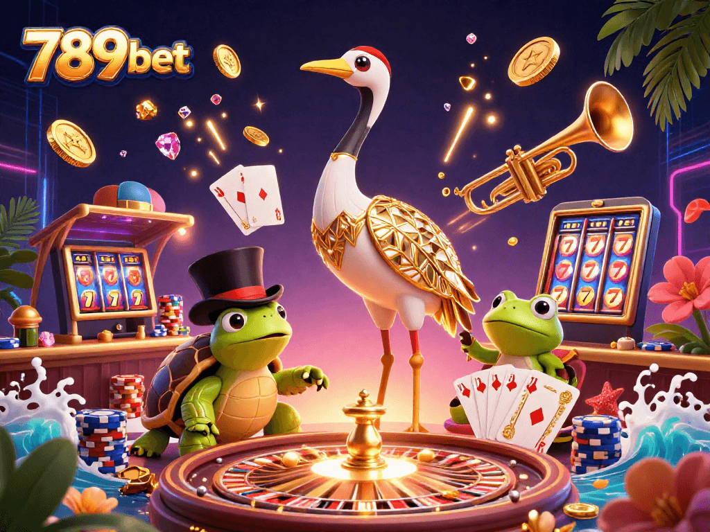 Win big with 789bet at this vibrant casino scene filled with gold coins and colorful poker chips.