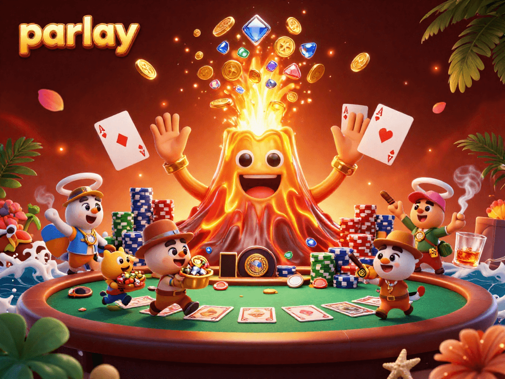 Engage in parlay betting with vibrant 3D casino scene featuring a golden volcano and stacked poker chips.