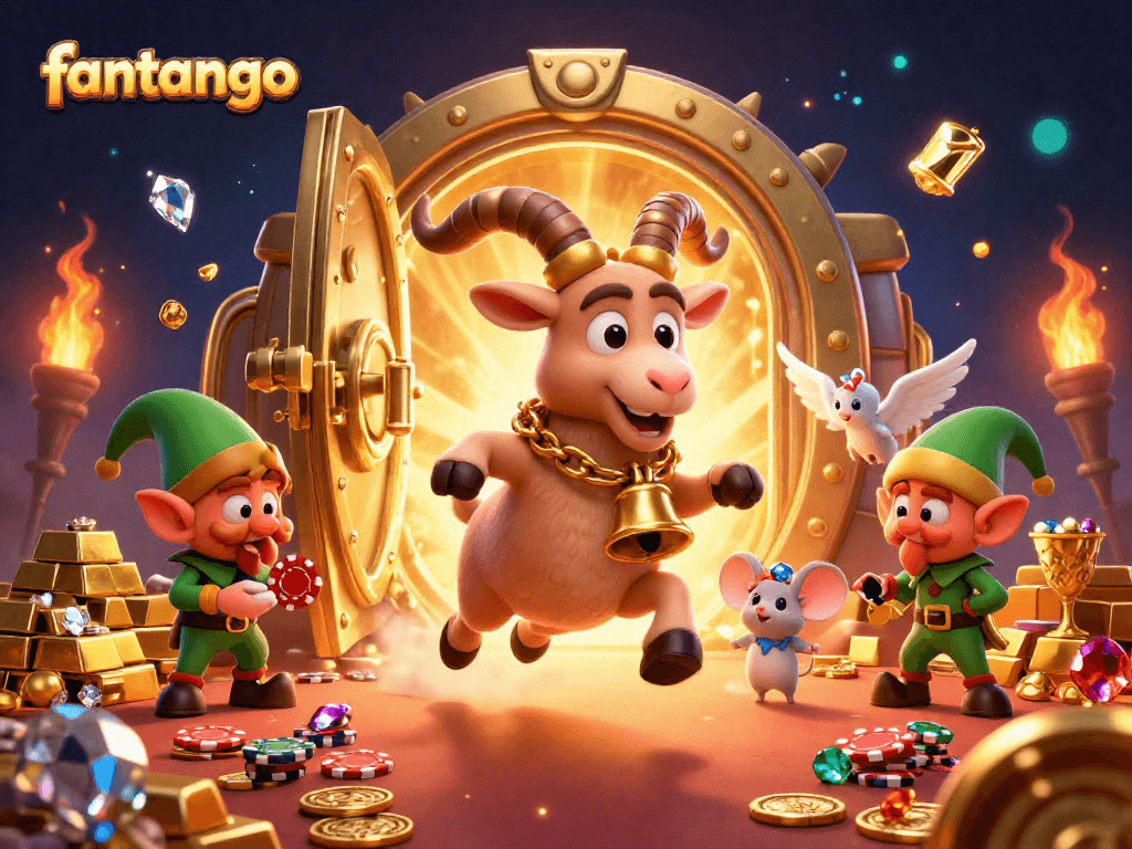 Engage in exciting gameplay with fantango, an energetic casino scene featuring Krampus, an angel mouse, and elf gremlins amidst gold treasures.