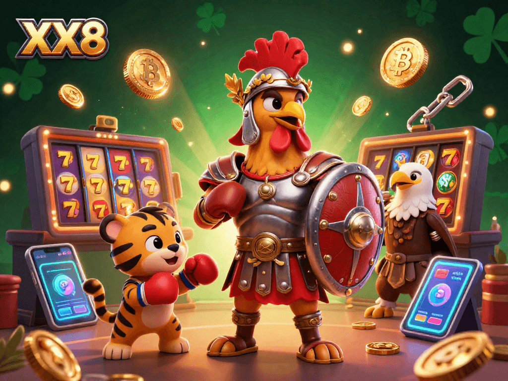 Experience excitement at XX8 with a dynamic gladiator rooster and casino elements in a vibrant 3D illustration.