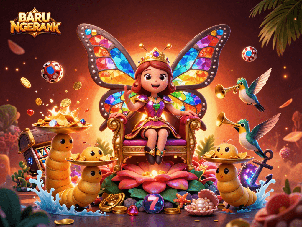 BARU NGERANK brings excitement to players with dynamic, 3D casino illustration featuring a butterfly queen amidst slots and treasures.