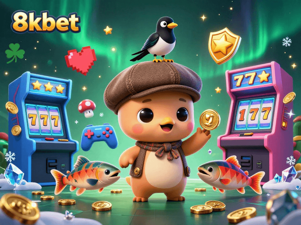 Join the fun at 8xbet’s dynamic casino scene featuring colorful characters and slot machines.