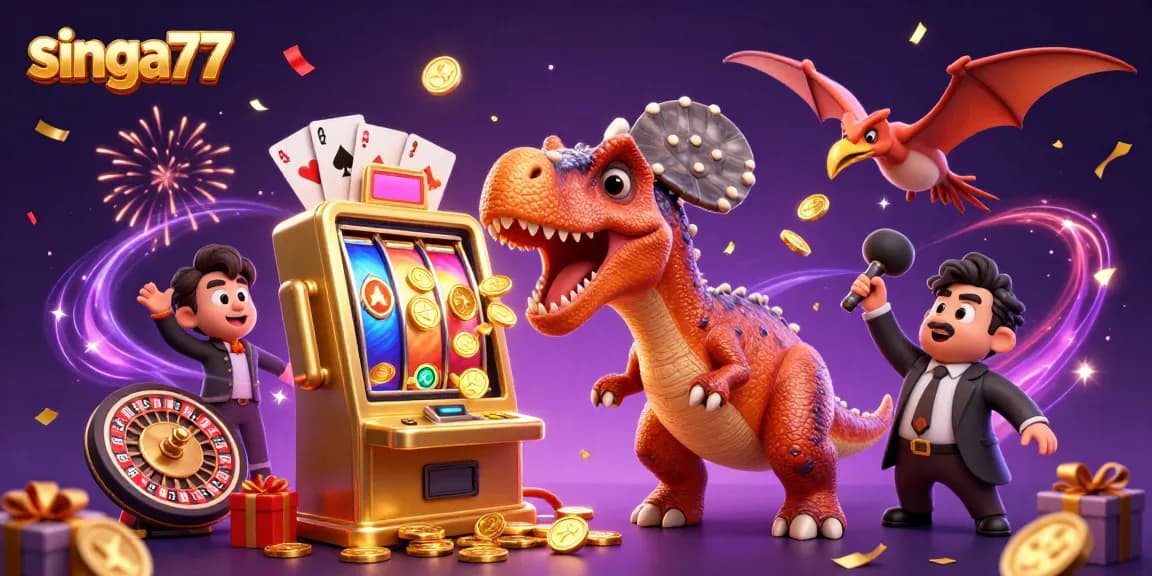 Singa77 showcases a dynamic scene of a pachycephalosaurus winning jackpots at a casino, with colorful slot games and golden coins flying.