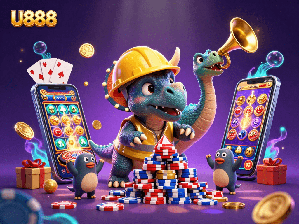 Engage with U888's vibrant casino scene featuring a triceratops and celebration elements.