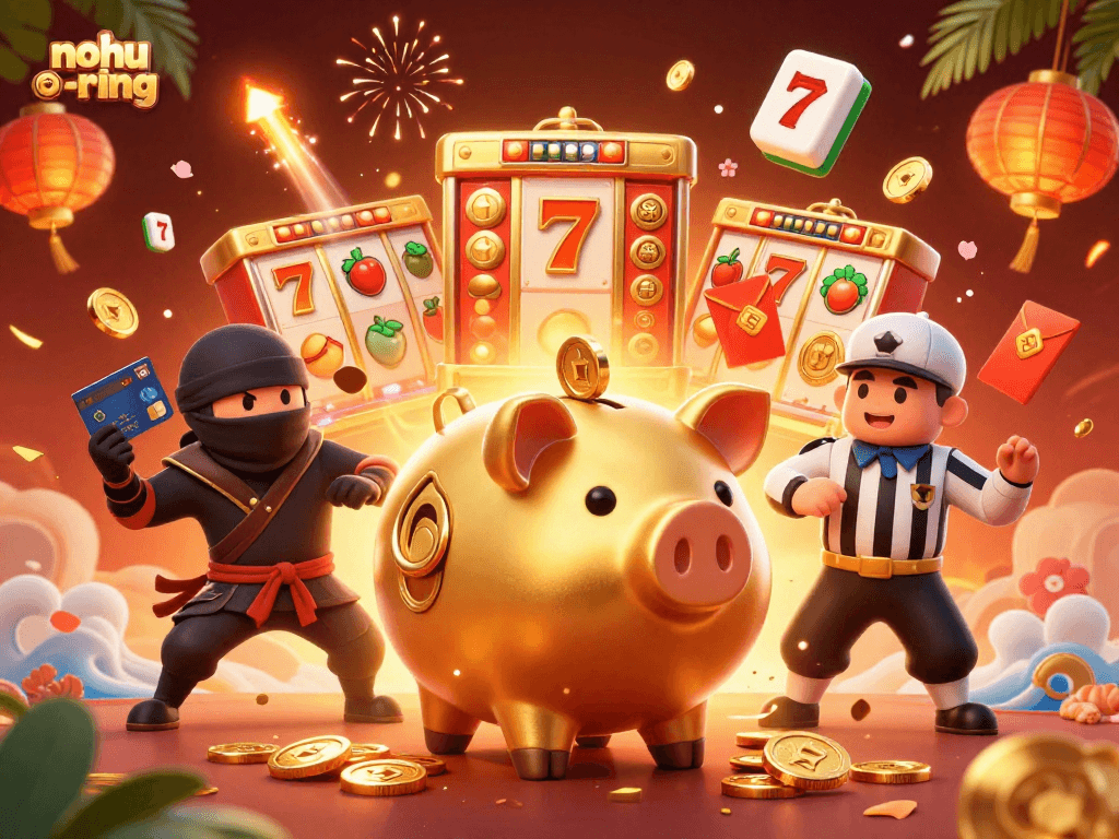 Nohuring players hit the jackpot with colorful slot reels and festive gold coins.