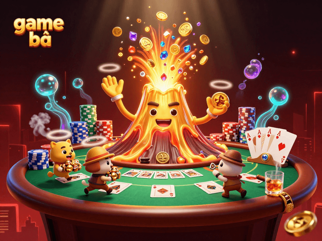 Engage with the thrilling game bài experience, featuring a golden volcano erupting coins and treasure.