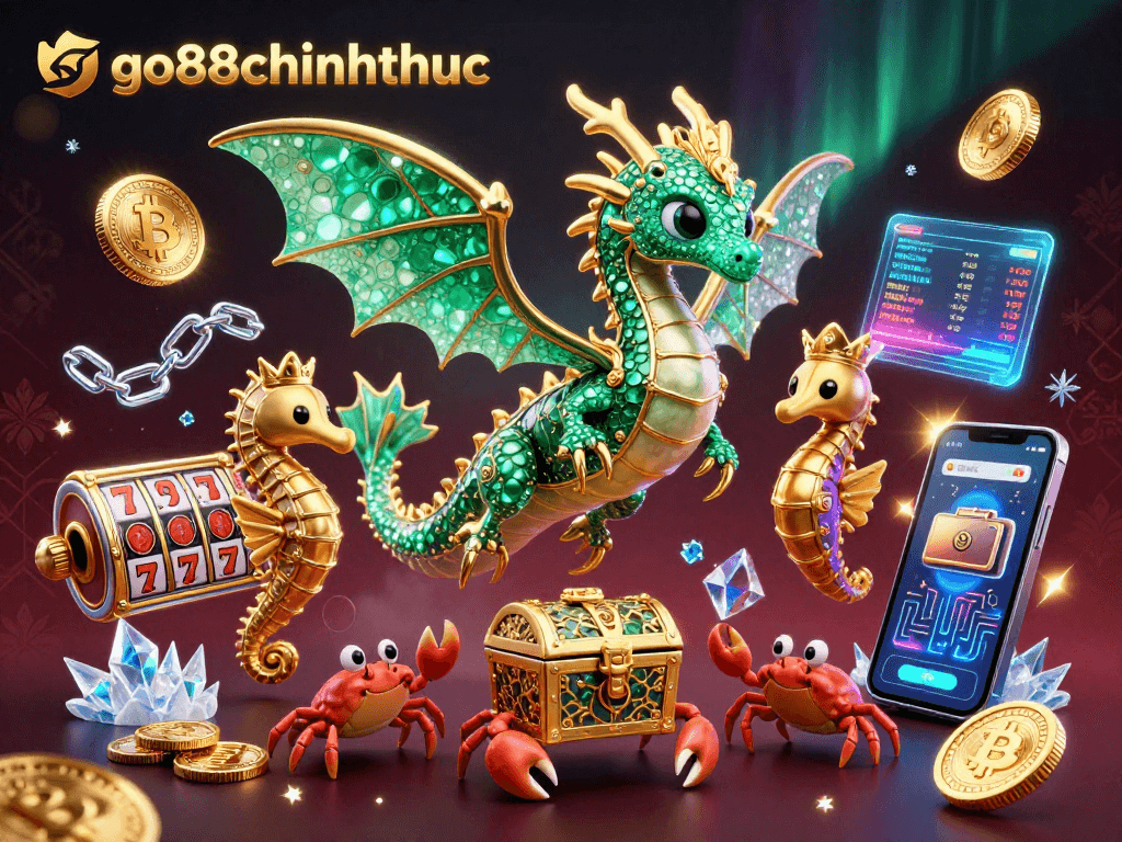 Engage with the vibrant go88chinhthuc casino adventure featuring a sea dragon amidst crypto coins.