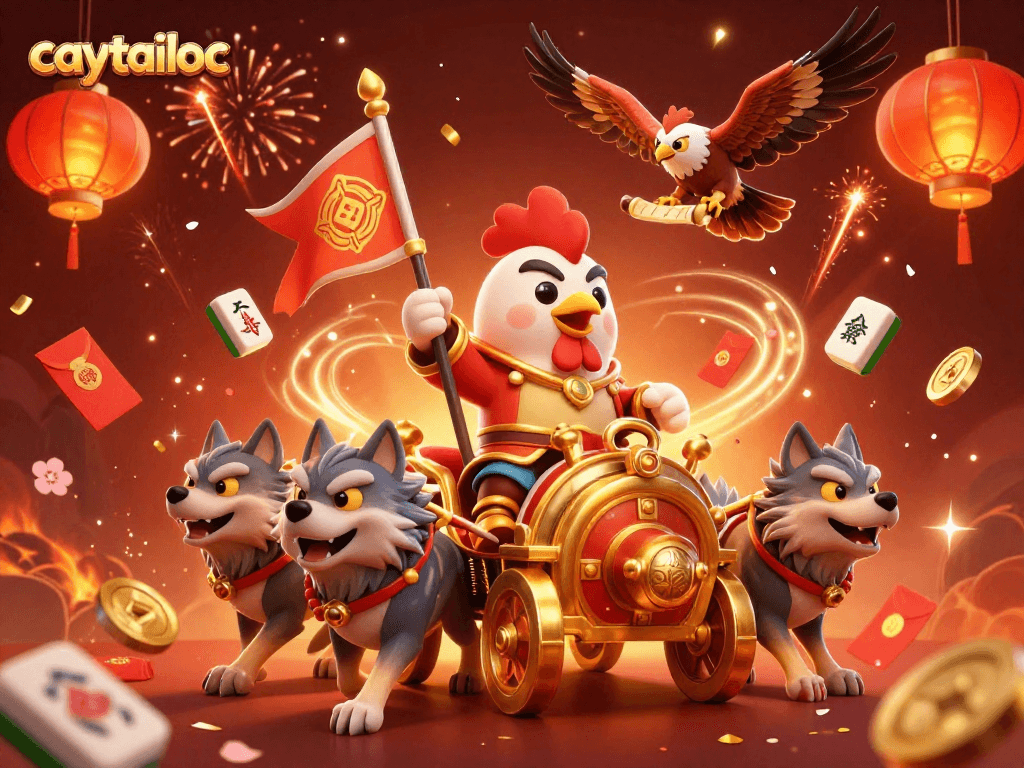 Caytailoc showcases a festive 3D scene with a rooster warlord, golden elements, and symbols of fortune.