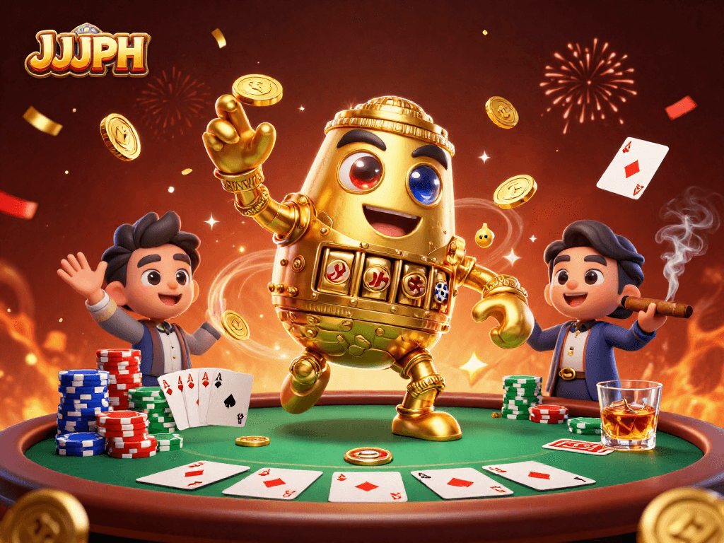 Isang masaya at masiglang eksena ng JJJPH na may ginto, magagandang poker chips, at mga paboritong simbolo ng casino.