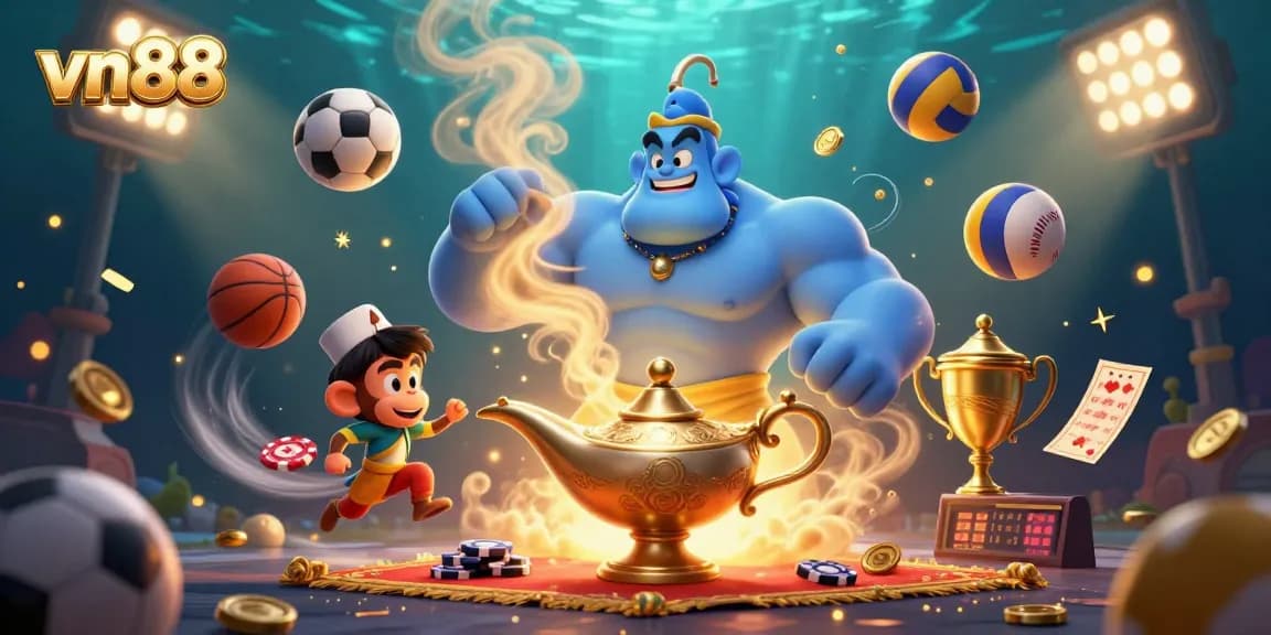 Win big at vn88 with a dynamic 3D casino scene featuring a genie, monkey, and flying poker chips.