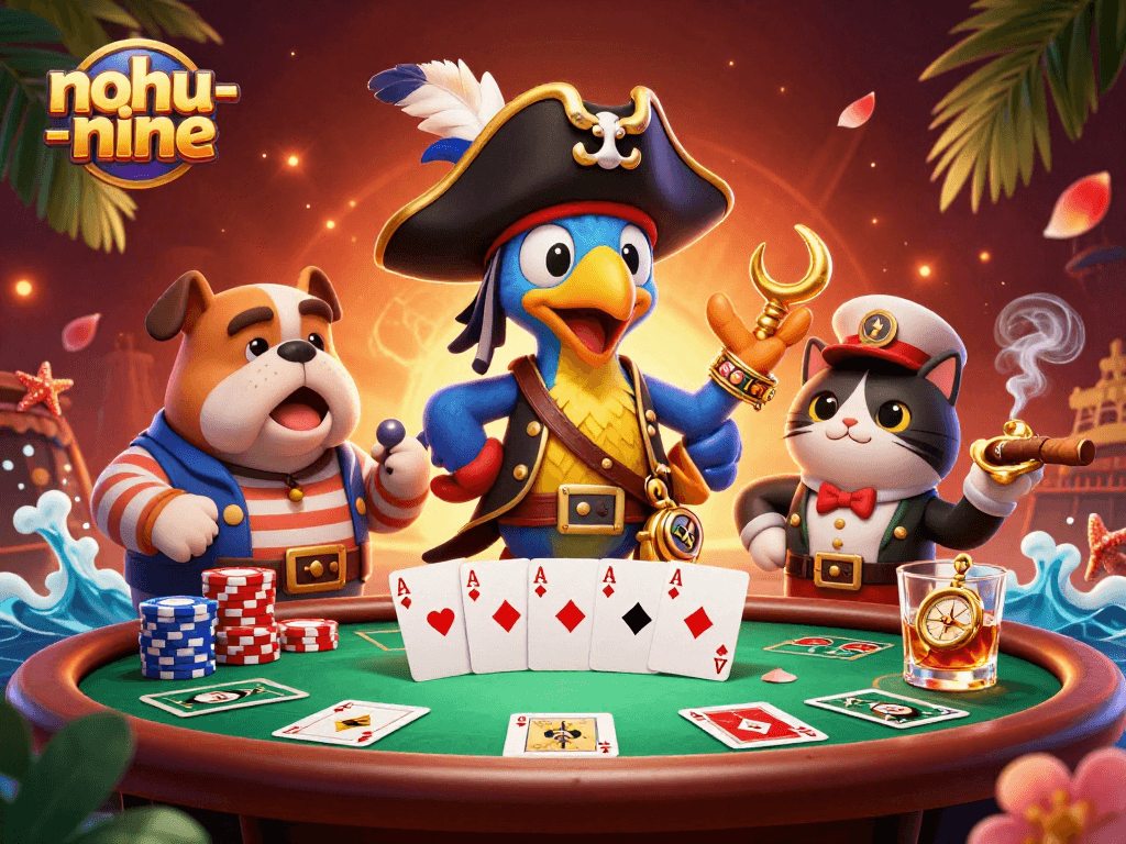 Experience the thrilling world of nohu-nine with a pirate captain, bulldog, and cat navigating a poker game.