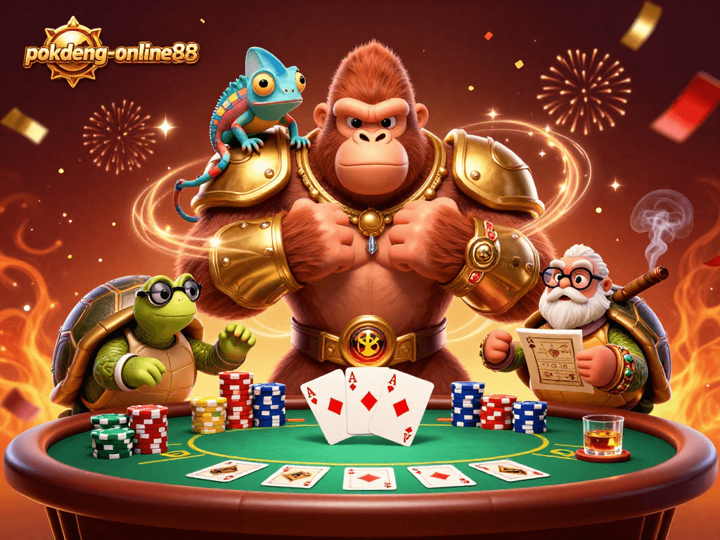 Experience thrilling gameplay with pokdeng-online88 at a vibrant poker showdown featuring iconic characters.
