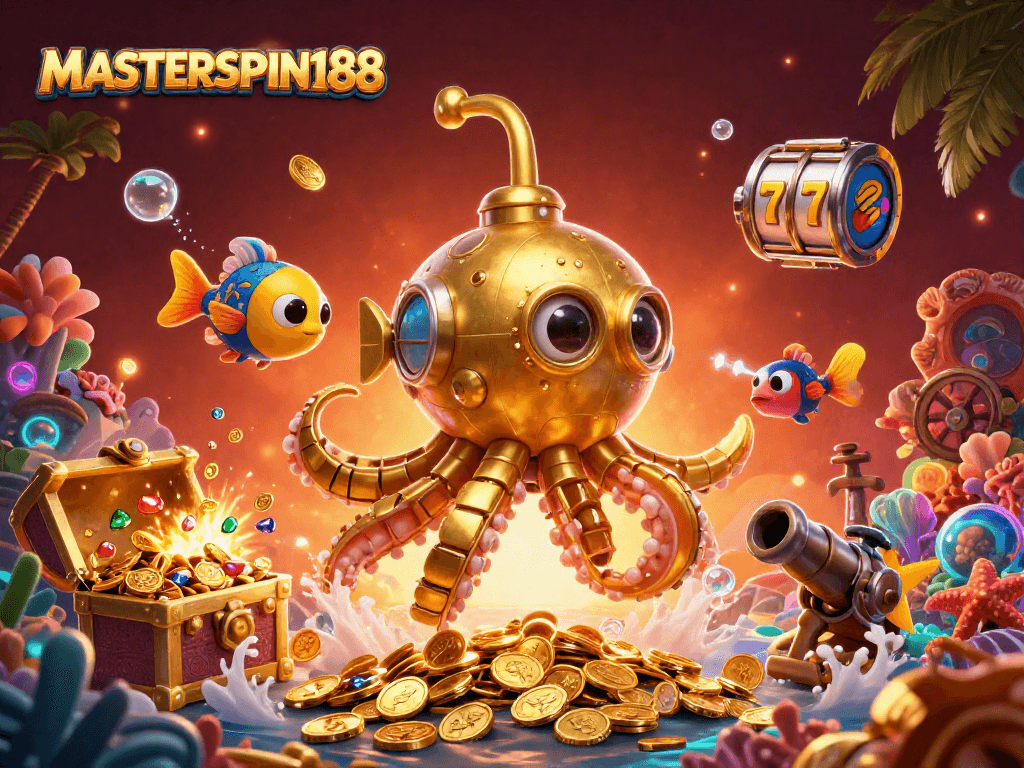 Experience the excitement of MASTERSPIN188 with a vibrant underwater casino scene rich in detail and action.