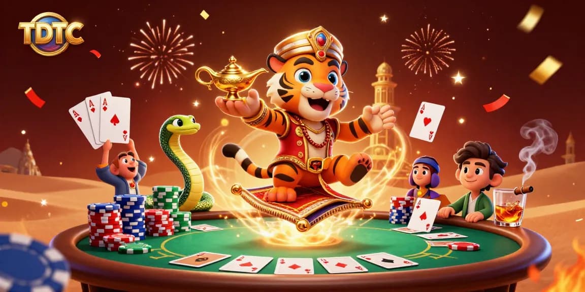 Engage in high-stakes poker action with TDTC in a vibrant Arabian Nights scene.