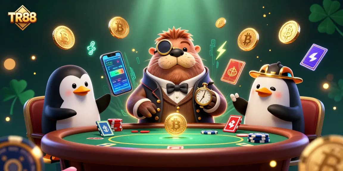 Play at TR88 with lively characters in an underwater casino scene blending poker and crypto.