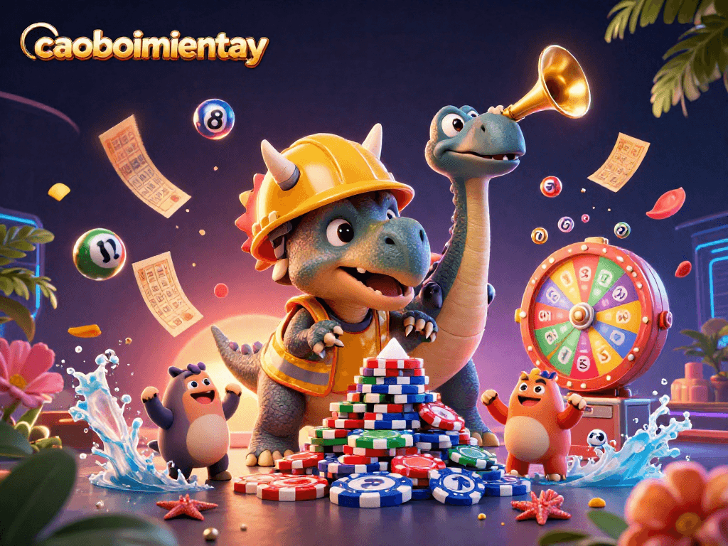 Engage with caoboimientay and celebrate casino winnings with vibrant cartoon dinosaurs and dynamic gaming elements.