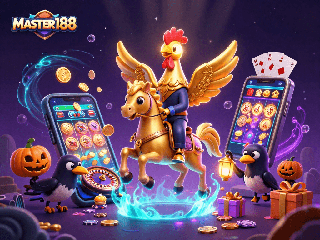 Immerse in the vibrant world of MASTER188 casino with a golden rooster mascot amid thrilling gaming action.