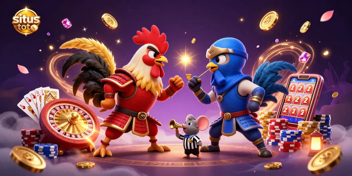 Situs toto showdown of twin cartoon roosters in vibrant armor, celebrating casino games