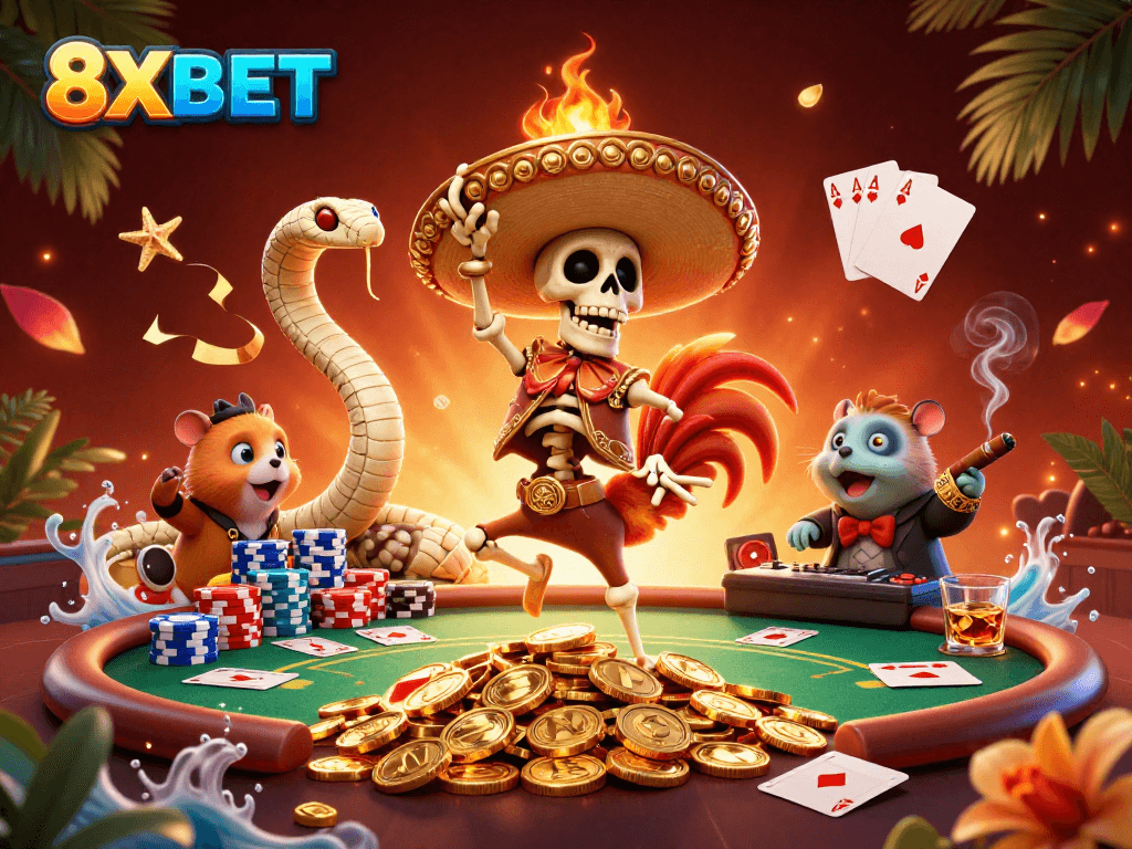 Experience high-stakes poker excitement with 8XBET featuring lively characters and vibrant casino elements.