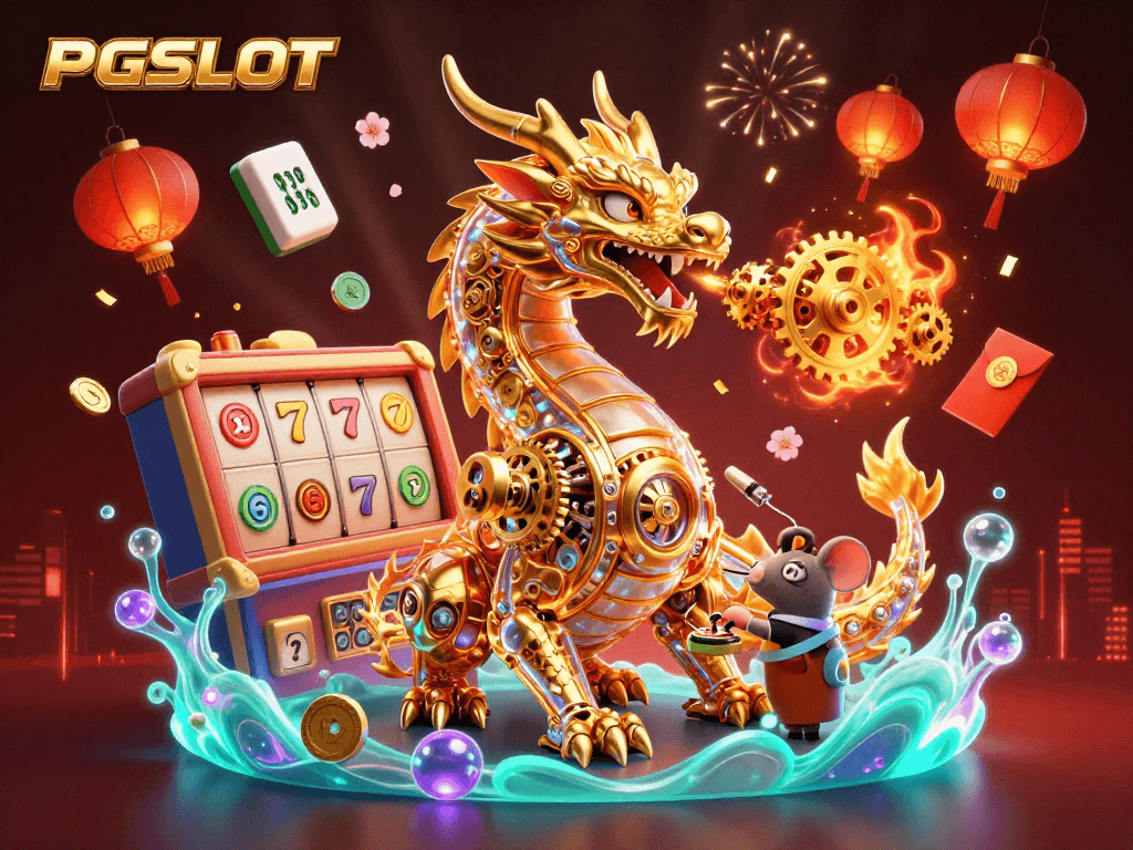 Experience the thrill of PGSLOT with a golden dragon and festive casino elements.