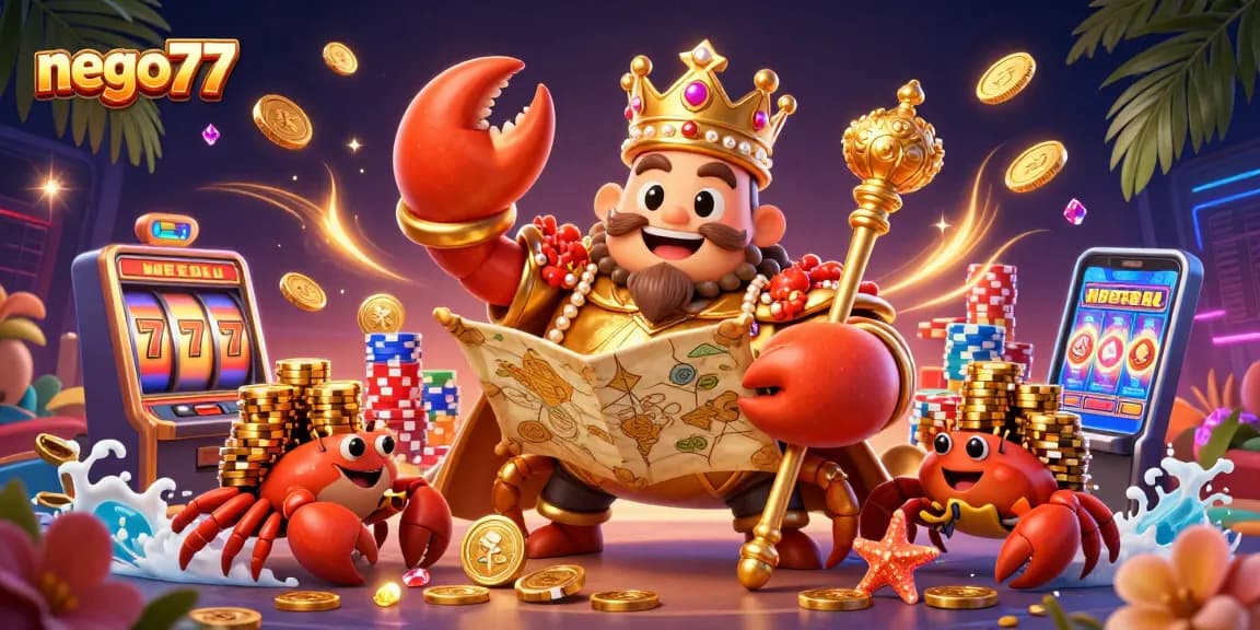 Experience the adventure of nego77 with a golden crab emperor ruling a vibrant casino scene.