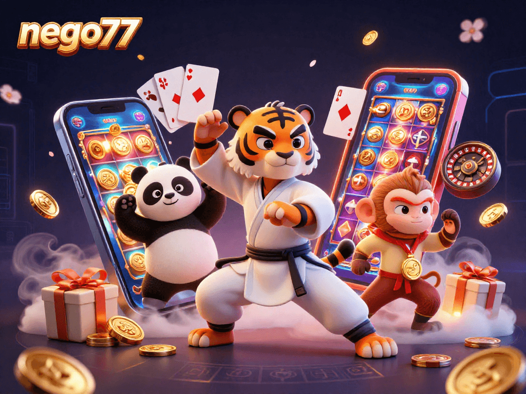 Nego77 presents an exciting 3D animated scene of a kung fu tiger master, a panda disciple, and a monkey student engaged in thrilling casino gaming.