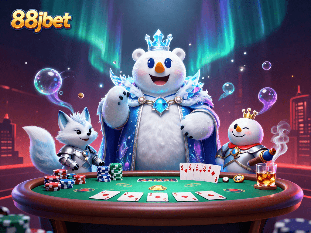 Experience thrilling poker action with 88jbet characters in a vibrant casino scene.