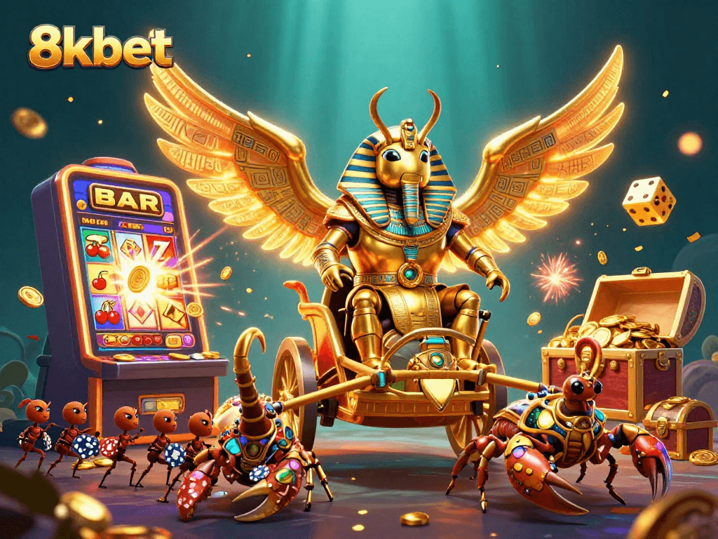 Experience thrilling gaming with 8kbet's vibrant casino scene featuring dynamic symbols and characters.