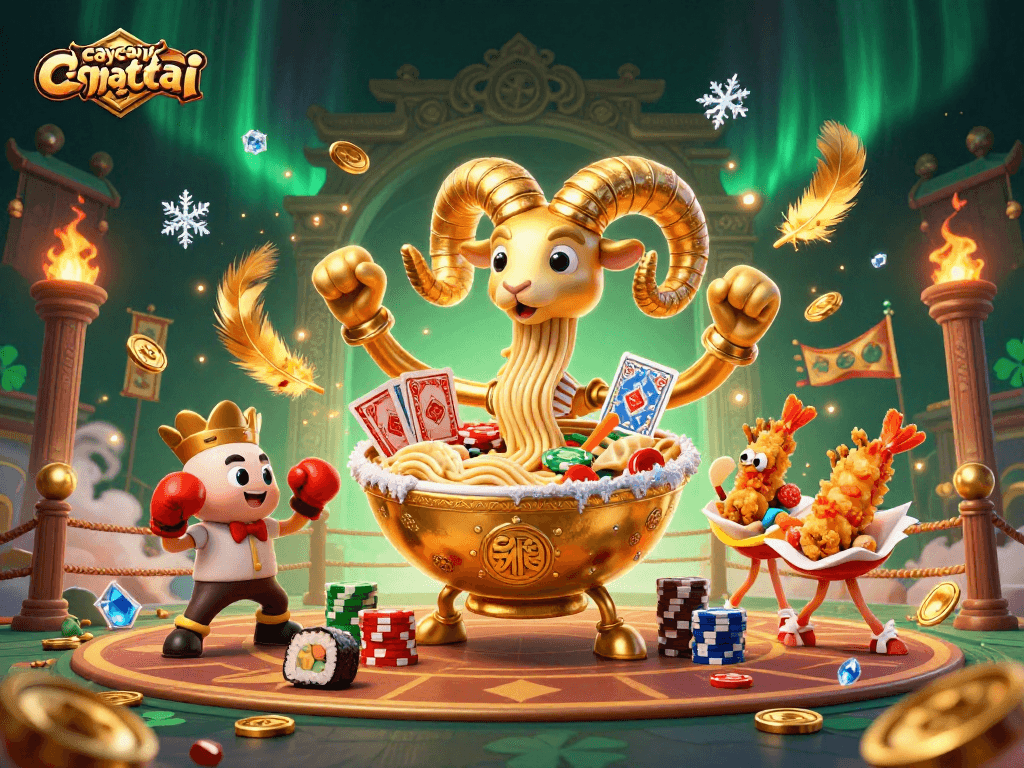 Caycanhphattai showcases a vibrant 3D casino scene featuring a giant ramen bowl dealer amidst dynamic gambling elements.