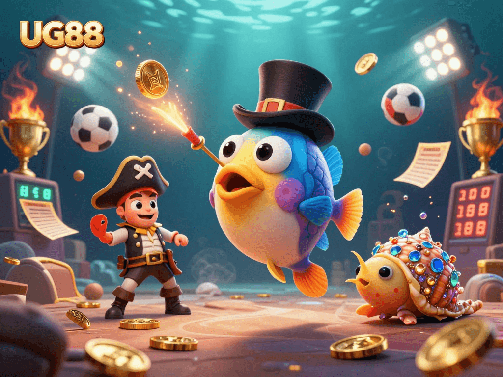 Bet on your luck with UG88 in a vibrant 3D casino scene featuring dynamic sports and treasure elements.