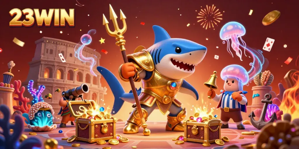 Experience the excitement of 23WIN with a vibrant underwater casino featuring a heroic tiger shark and immersive treasures.