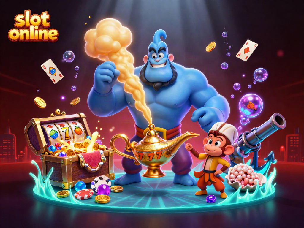 Putaran slot online dengan lampu Genie, kartu, dan harta karun emas yang menyebar.