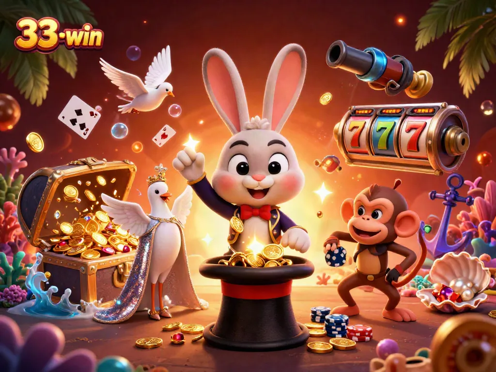 Experience gaming excitement with 33-win's cartoon characters, vibrant casino elements, and immersive fun.