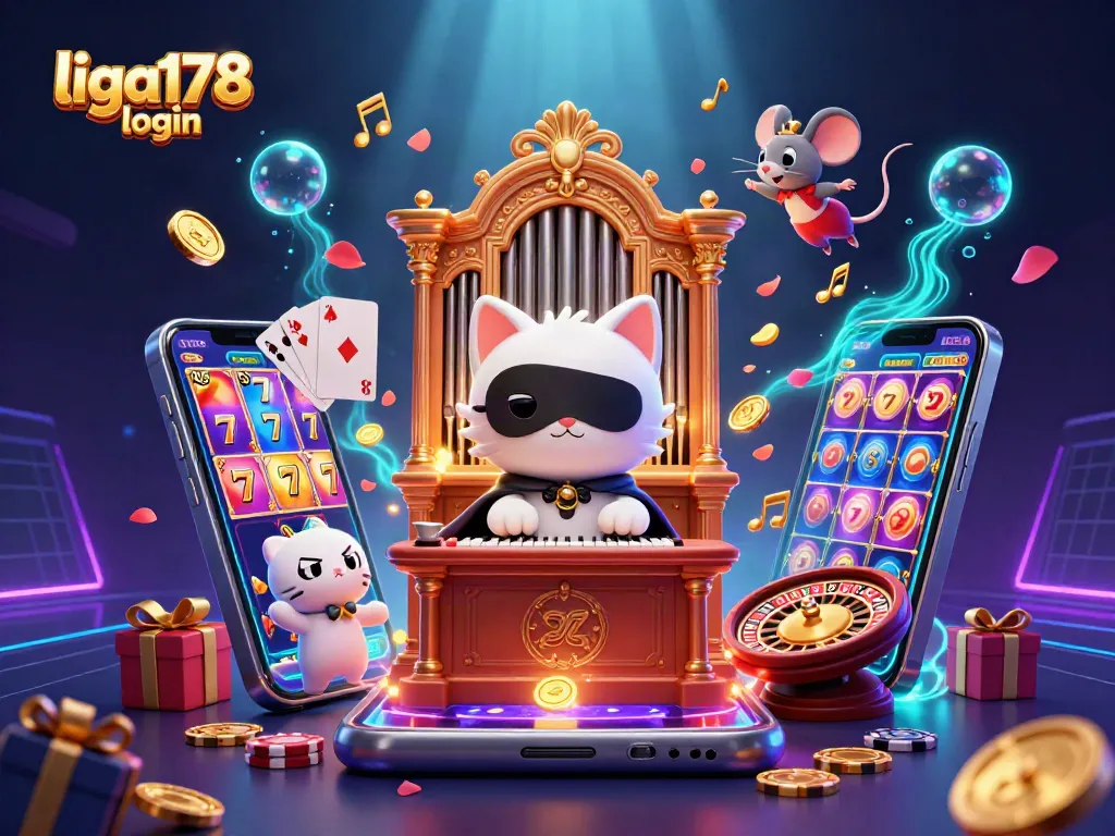 Masuki liga178 login dengan gaya unik, melihat kucing hantu berdiri di organ kasino mewah dan elemen permainan judi yang menakjubkan.