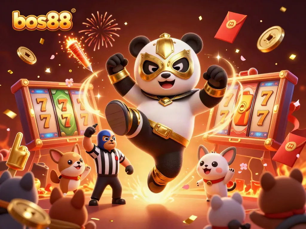 Menangkan dengan bos88, sambil merayakan slot dengan panda bertarung dan penonton hewan menggila.