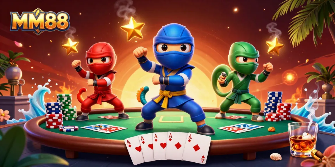 Engage with MM88 at a vibrant poker table featuring colorful chips and energetic chameleons.