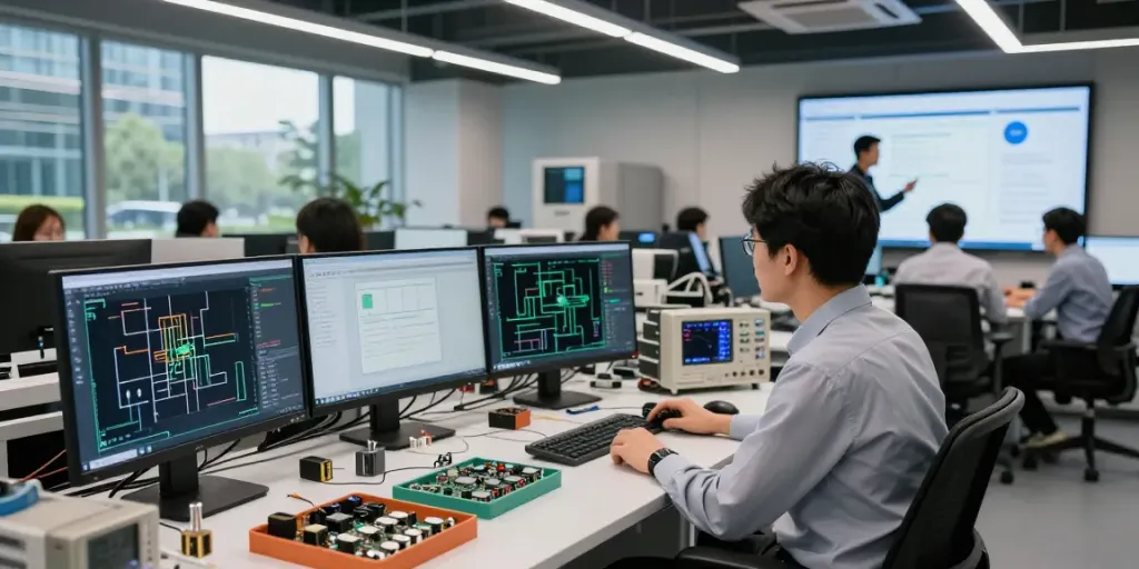 Karyawan di https://www.oe-semiconductor.com/index2.html bekerja dalam ruang teknik semikonduktor yang canggih, memvisualisasikan desain sirkuit.