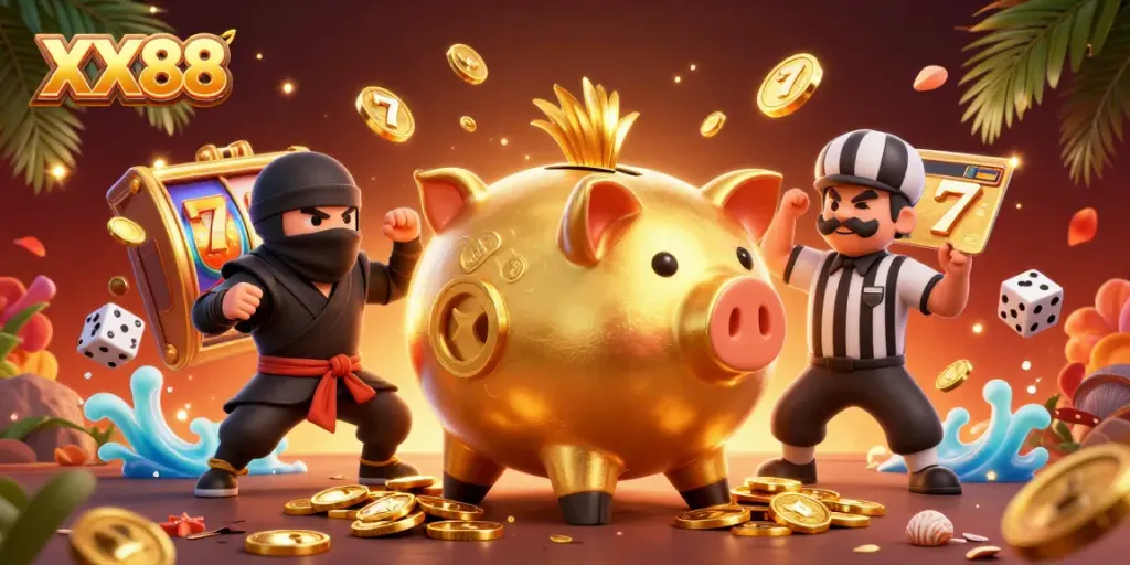 Experience thrilling wins at XX88 with a dynamic 3D illustration of casino characters and games.