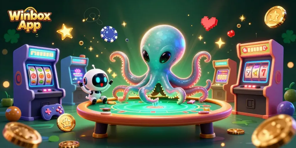 Engage in thrilling gameplay with the Winbox App's vibrant casino universe featuring an alien octopus and robot.
